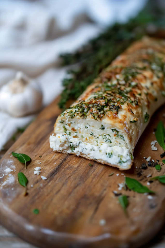 Close-up of Holiday Garlic Herb Cheese Log on a wooden board with fresh herbs beside it.