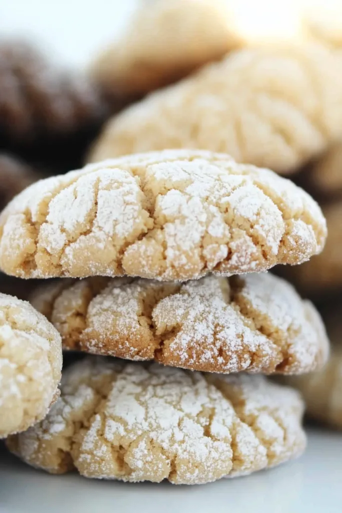 Freshly baked cookies stacked on a tray, highlighting their tender texture and holiday feel.