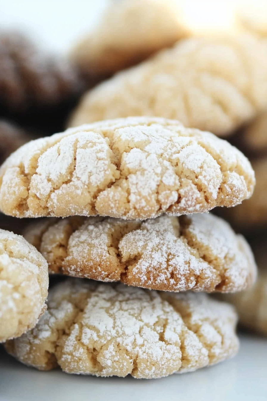 Freshly baked cookies stacked on a tray, highlighting their tender texture and holiday feel.