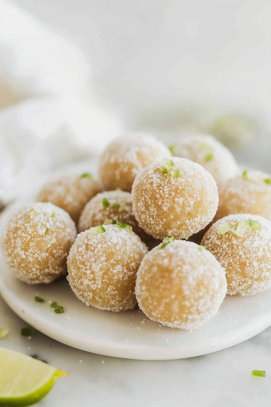 Golden sugar-coated dessert balls stacked on a plate, sparkling under soft light.
