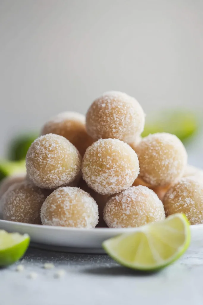 Sparkling citrus-inspired sweets arranged neatly, with lime slices adding a fresh touch.