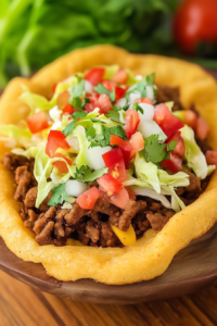 Crispy fry bread topped with seasoned ground beef, lettuce, tomatoes, and onions