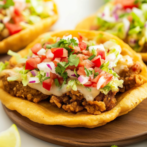 Puffy fried bread base filled with savory beef and fresh vegetable garnish