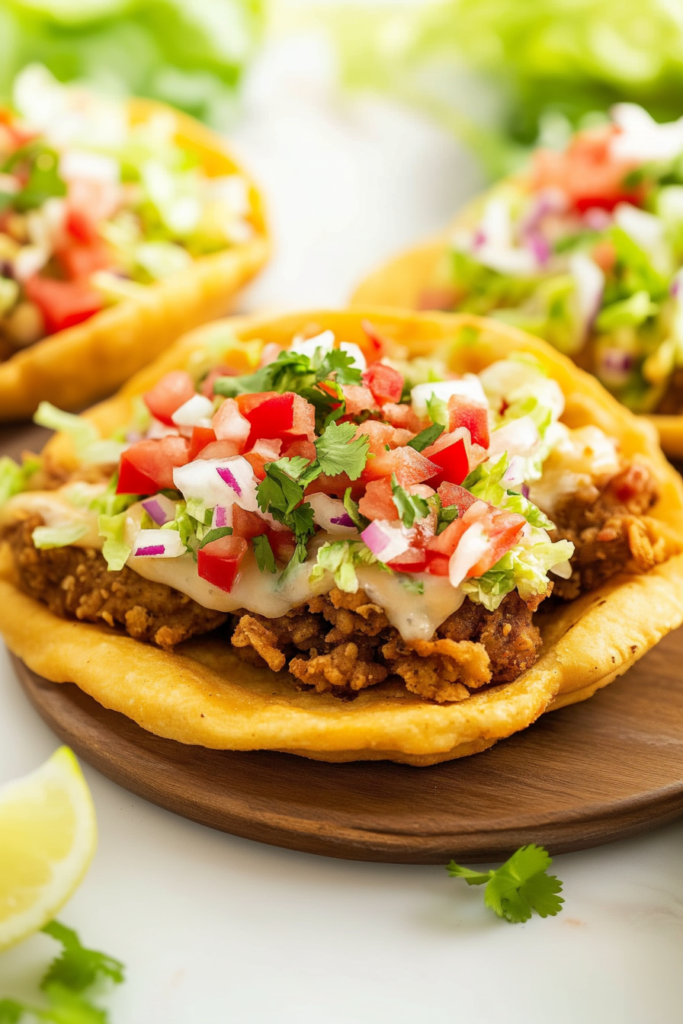 Puffy fried bread base filled with savory beef and fresh vegetable garnish