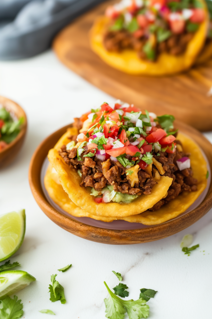 Homemade fry bread piled with ground beef, shredded lettuce, and diced tomatoes