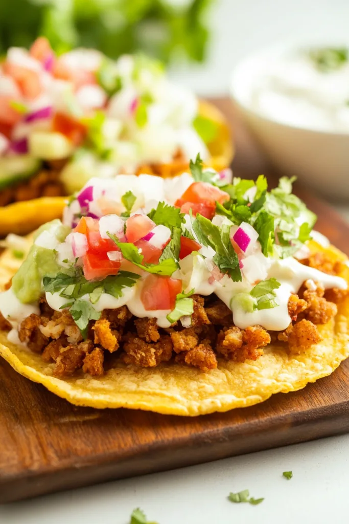 Golden fried bread loaded with taco-style meat and fresh chopped toppings