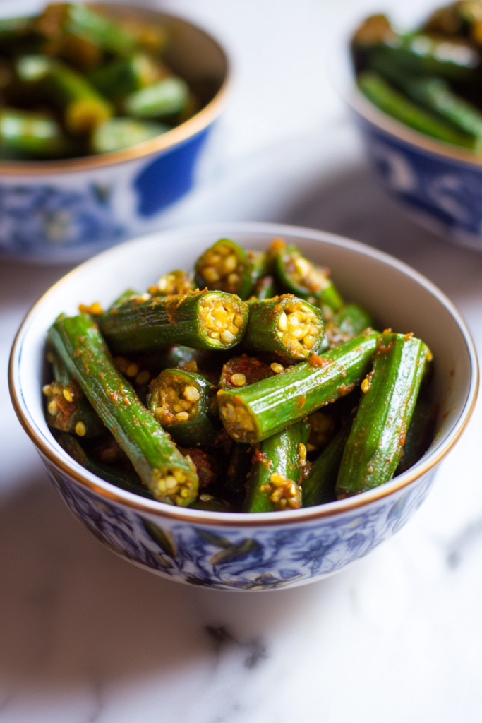 Tender okra pieces stir-fried until lightly crisp and coated in rich seasoning.