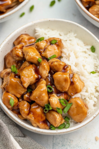 Bowl of saucy chicken served with steamed rice, finished with sesame seeds and chopped green onions