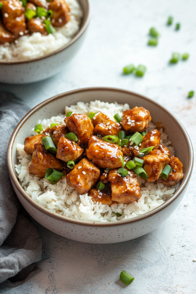 Glazed chicken pieces in a rich brown sauce served over white rice, topped with sesame seeds and green onions
