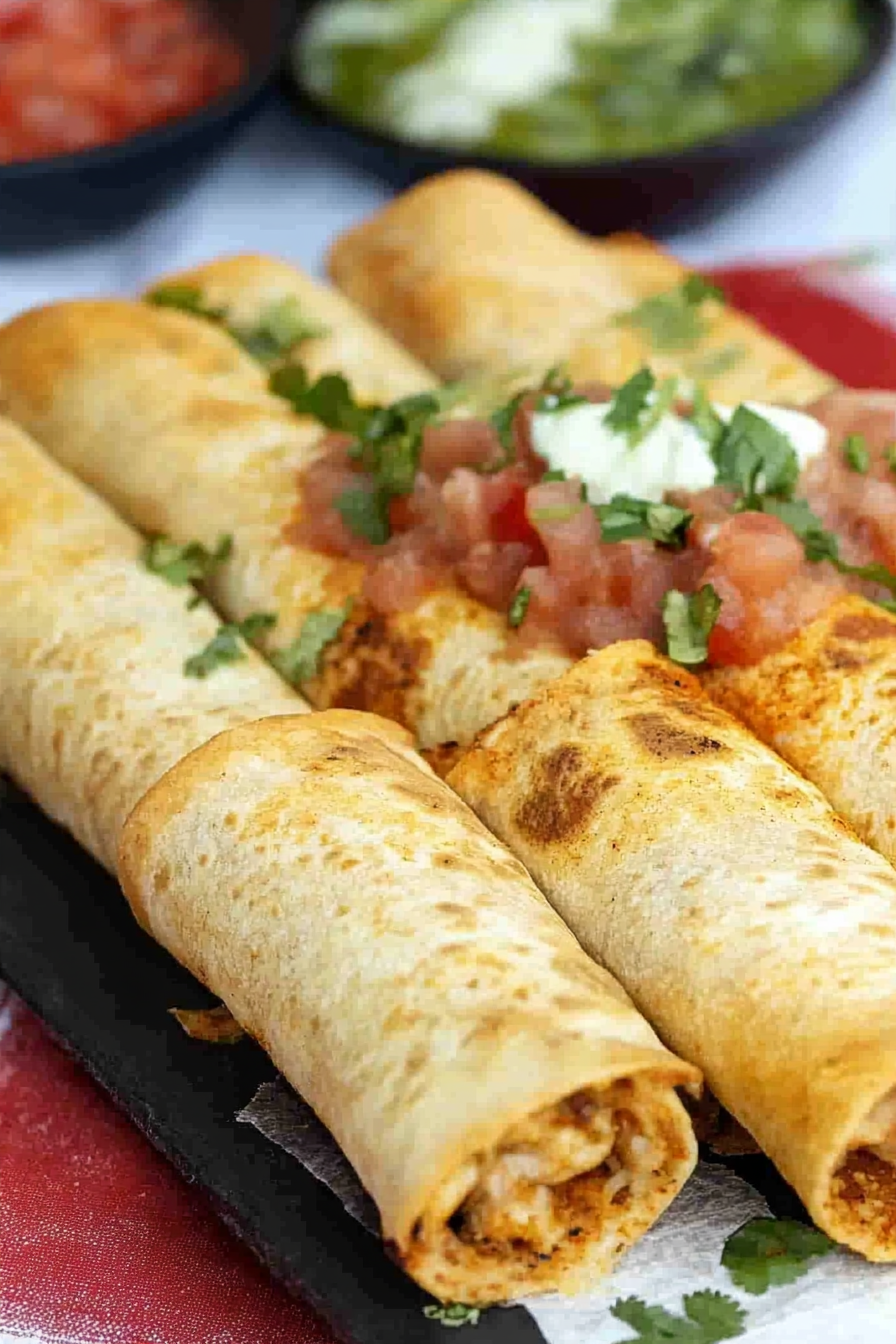 Crispy chicken taquitos topped with fresh salsa and cilantro on a plate