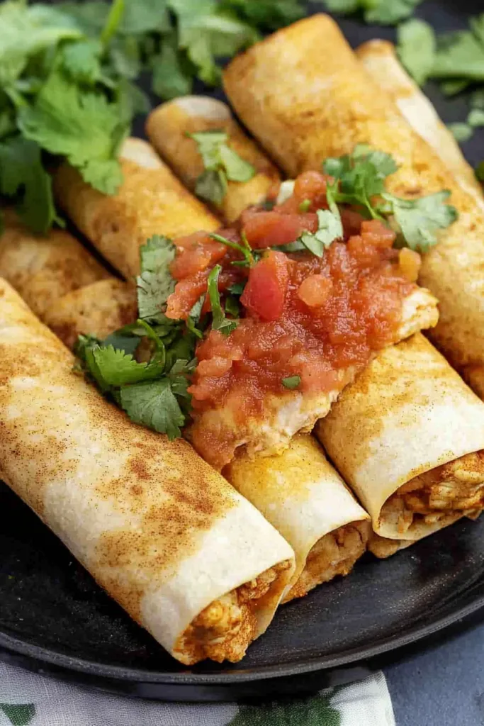 Golden rolled tortillas filled with shredded chicken and served with chunky salsa