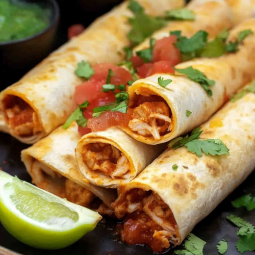 Crispy baked taquitos filled with flavorful chicken and finished with cilantro and salsa