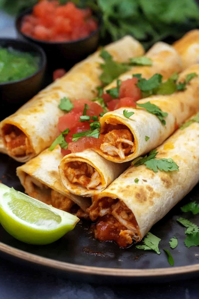 Crispy baked taquitos filled with flavorful chicken and finished with cilantro and salsa