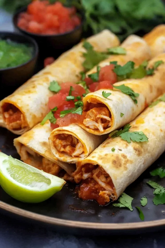 Crispy baked taquitos filled with flavorful chicken and finished with cilantro and salsa