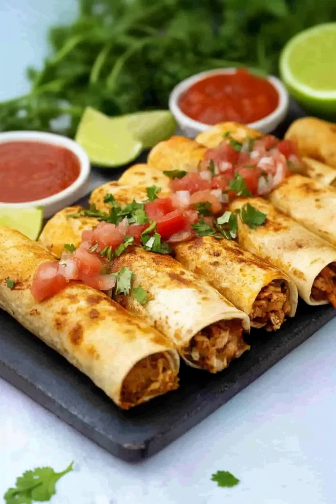 Close-up of crunchy taquitos garnished with tomato salsa and fresh herbs