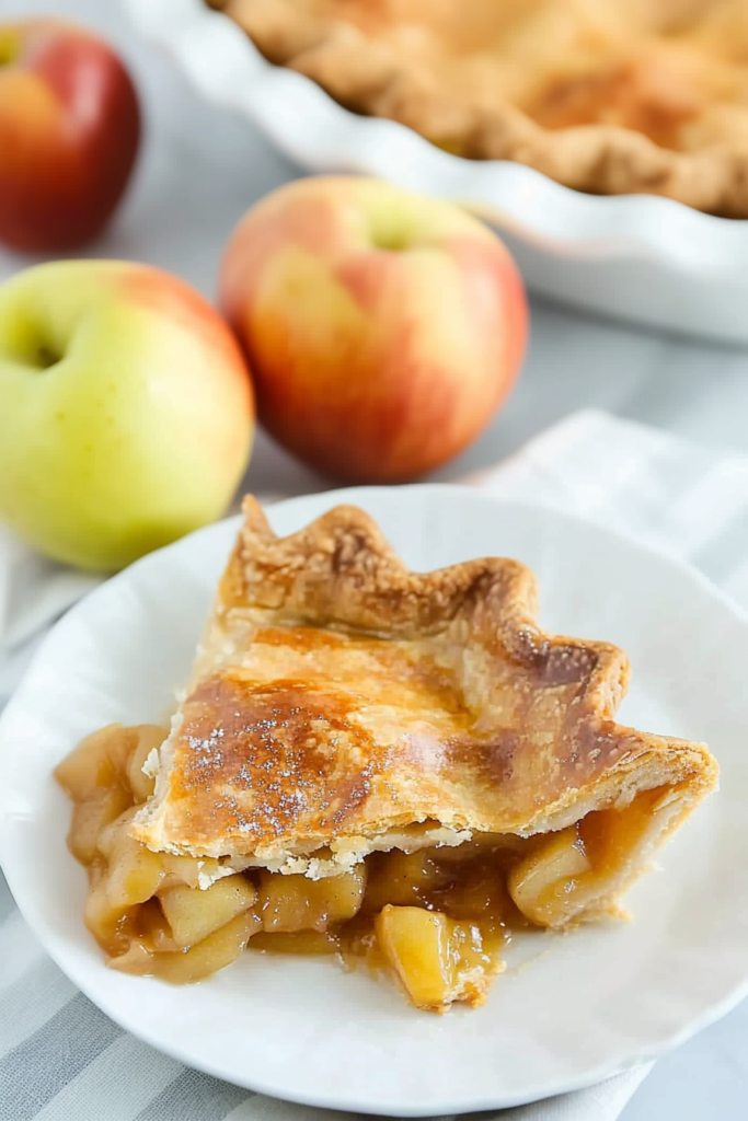 Warm apple pie slice highlighting texture contrast between crisp crust and soft fruit filling