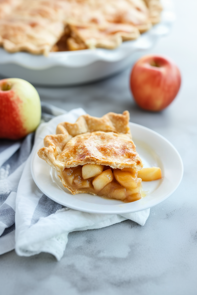 Golden lattice-crust apple pie slice on a white plate with glossy filling showing through