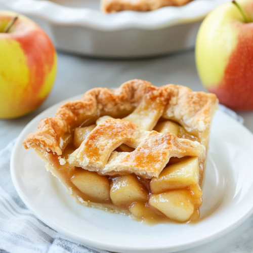 Homemade apple dessert with glossy filling and crisp crust, ready to serve