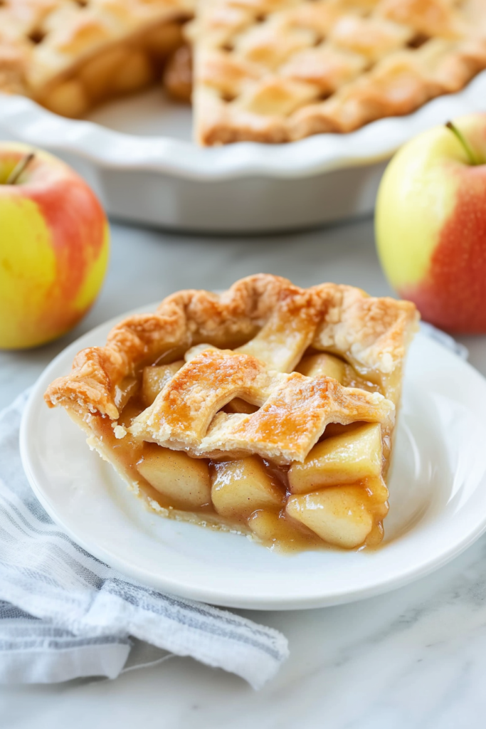 Homemade apple dessert with glossy filling and crisp crust, ready to serve