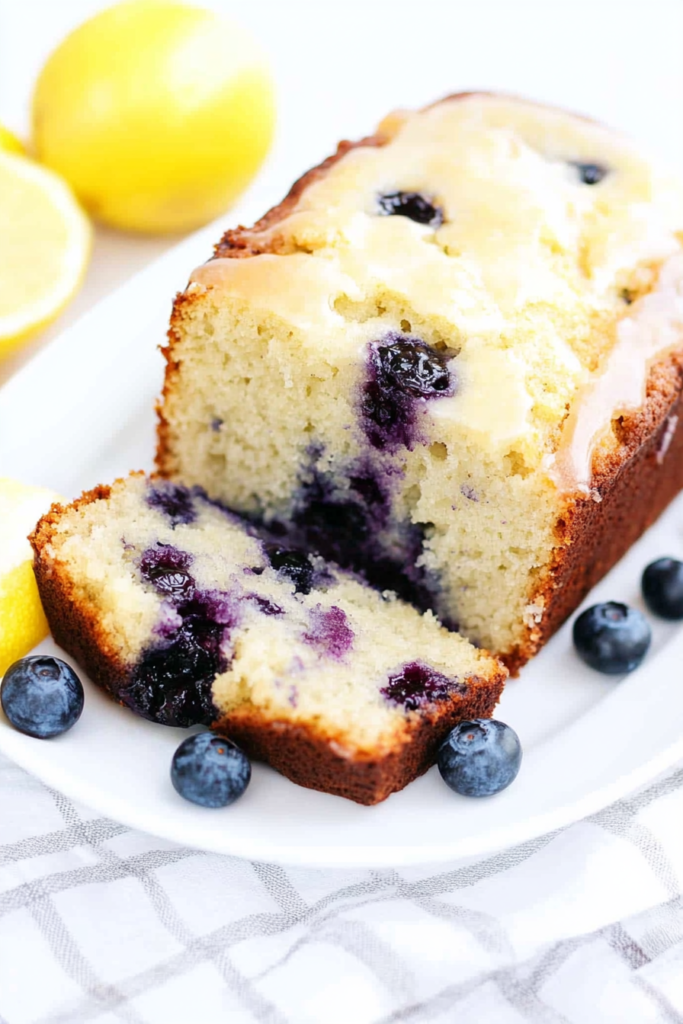 Tender loaf cake filled with juicy blueberries, paired with fresh lemon slices for a refreshing touch.