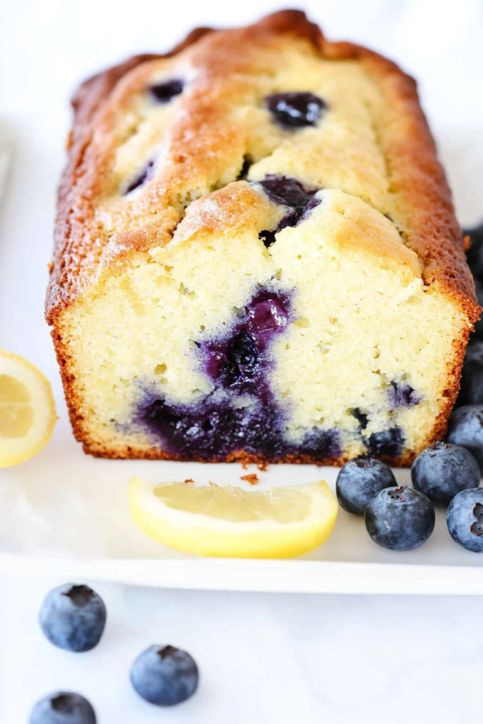 A moist loaf cake bursting with fresh blueberries and a hint of lemon, sliced to show its soft texture.