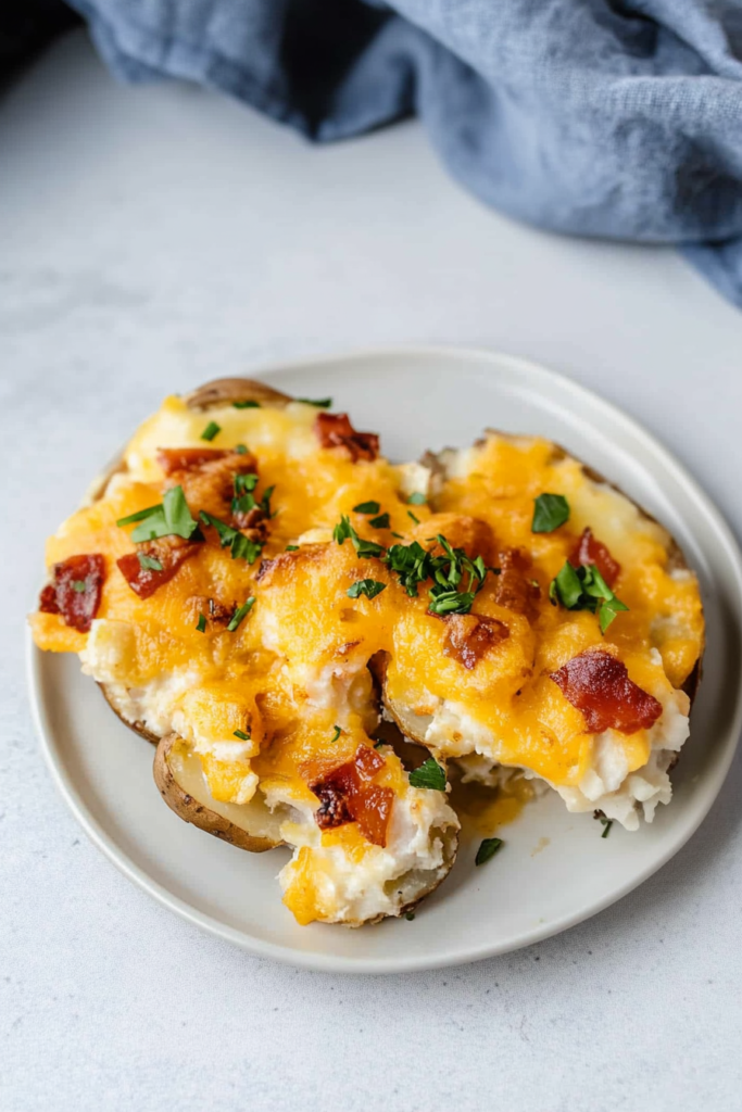 Final shot of hearty potato bake styled simply on a white plate.