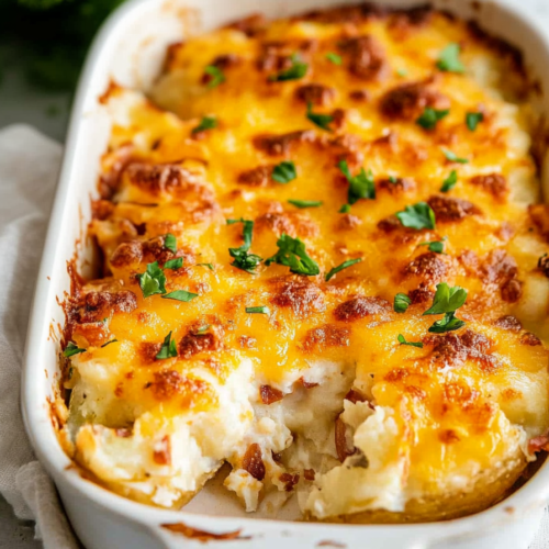 Rustic serving of loaded potatoes showcasing creamy texture and colorful garnish.