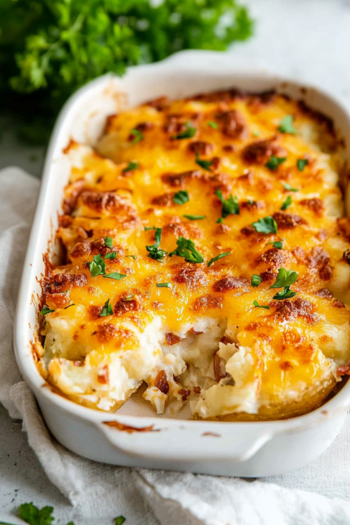 Rustic serving of loaded potatoes showcasing creamy texture and colorful garnish.
