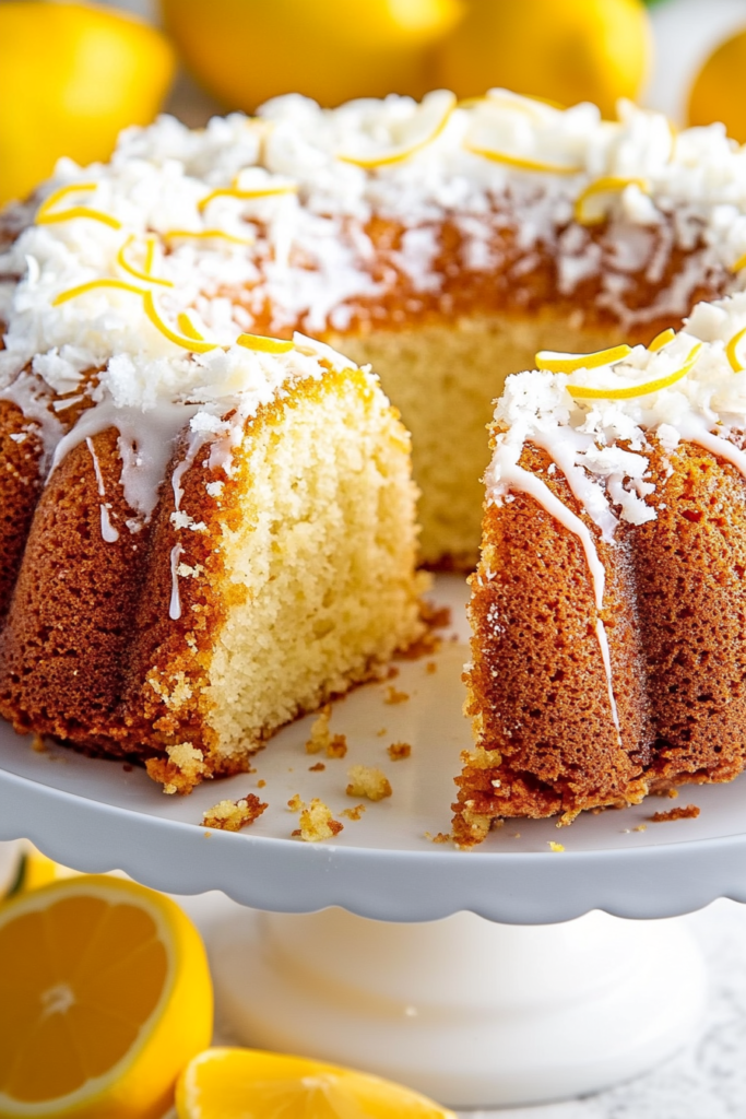 Louisiana Crunch Cake on a white stand, decorated with shredded coconut and strips of lemon zest