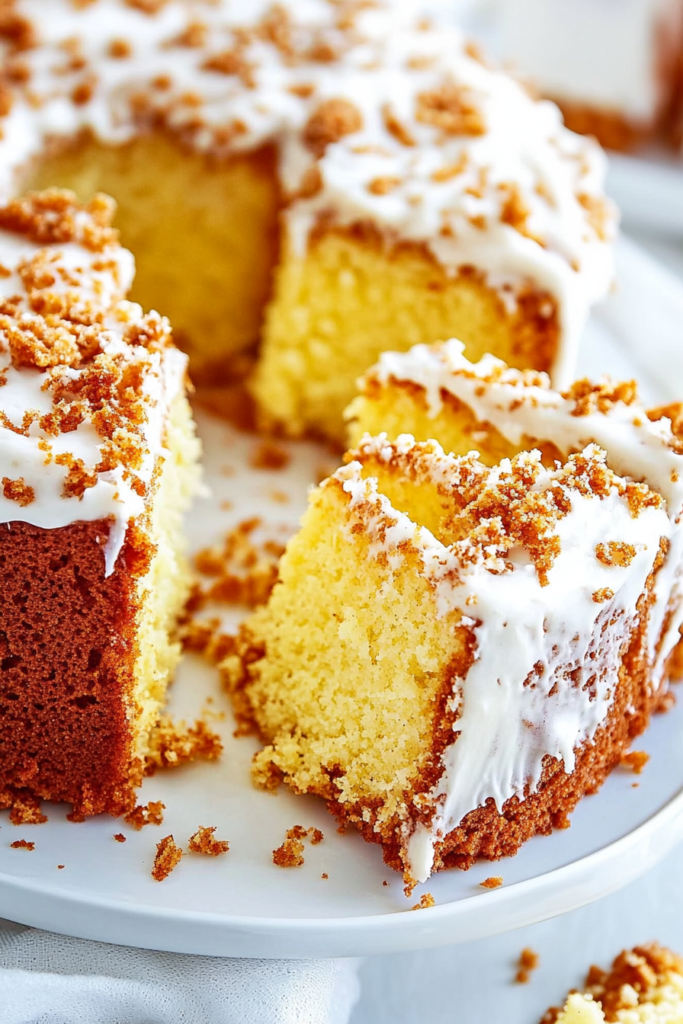 Louisiana Crunch Cake slice showing moist texture, crisp topping, and thick icing layer