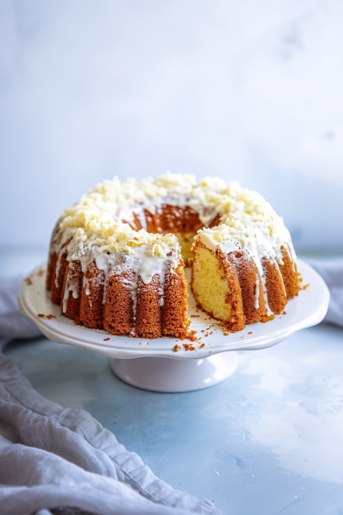 Bundt-style lemon cake with golden crust, topped with icing, coconut, and lemon zest