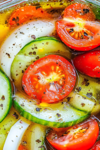 Fresh cucumber slices and cherry tomatoes tossed with onion in a seasoned oil and vinegar mix.