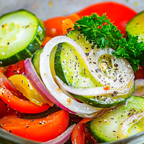 Serving bowl filled with marinated summer vegetables, coated lightly in herbs and dressing.
