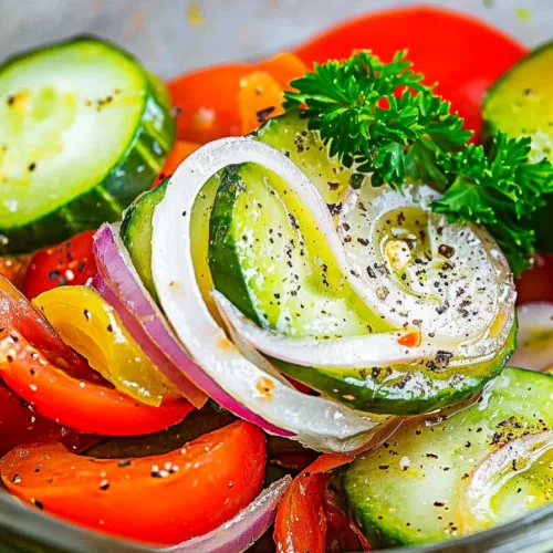 Serving bowl filled with marinated summer vegetables, coated lightly in herbs and dressing.