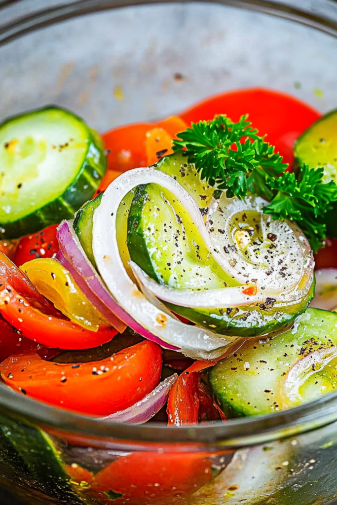 Serving bowl filled with marinated summer vegetables, coated lightly in herbs and dressing.