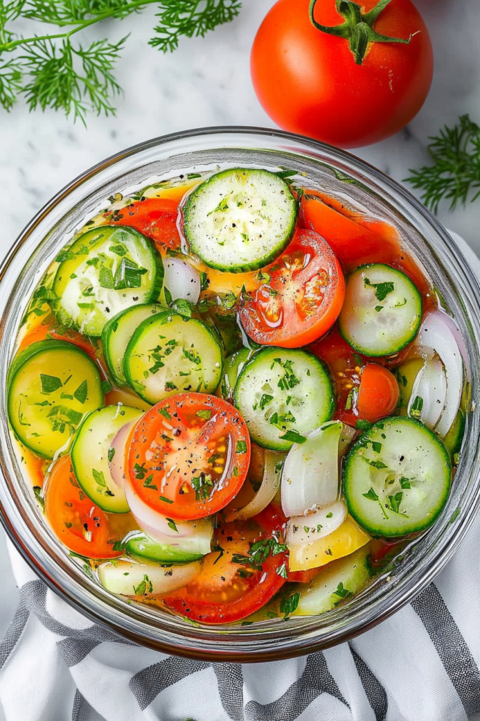 Bright salad of cucumbers, tomatoes, and onions glistening with herb vinaigrette.