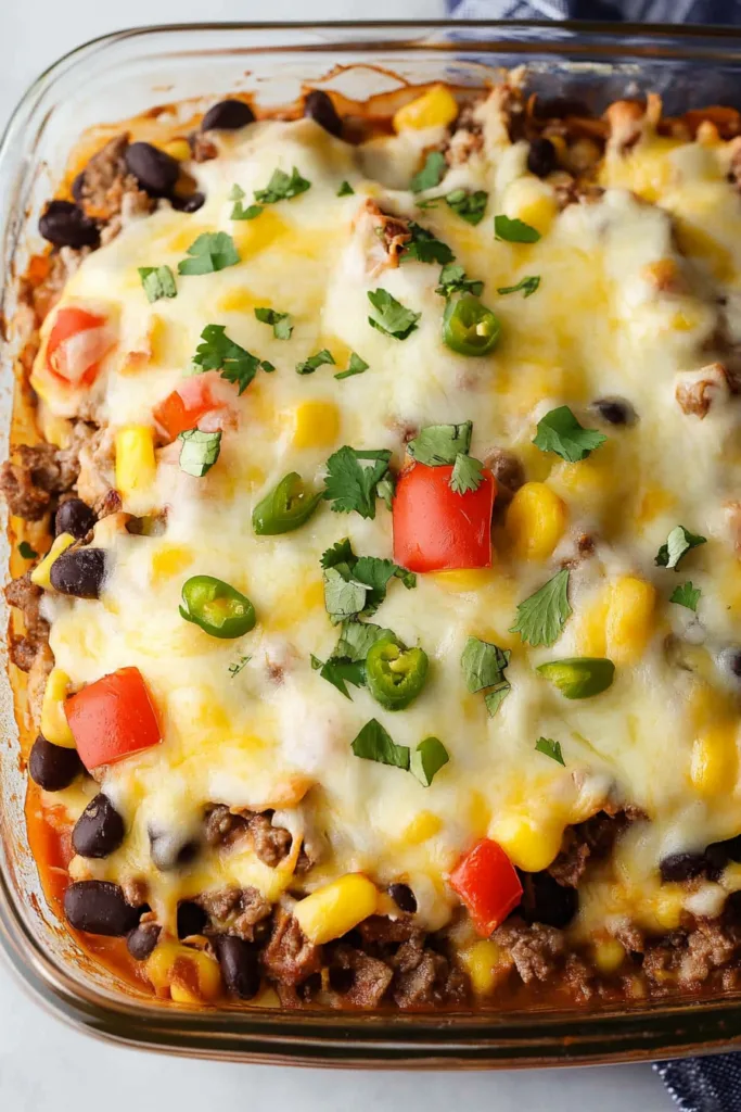 Warm beef and bean bake with melted cheese, corn, and diced bell peppers