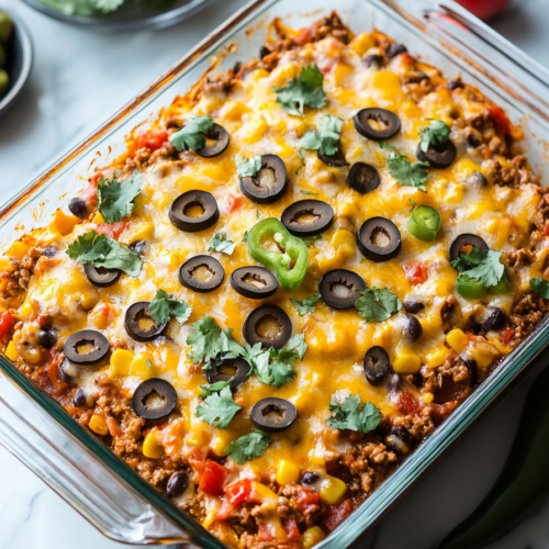 Baked beef and vegetable casserole with melted cheese and sliced jalapeรฑos