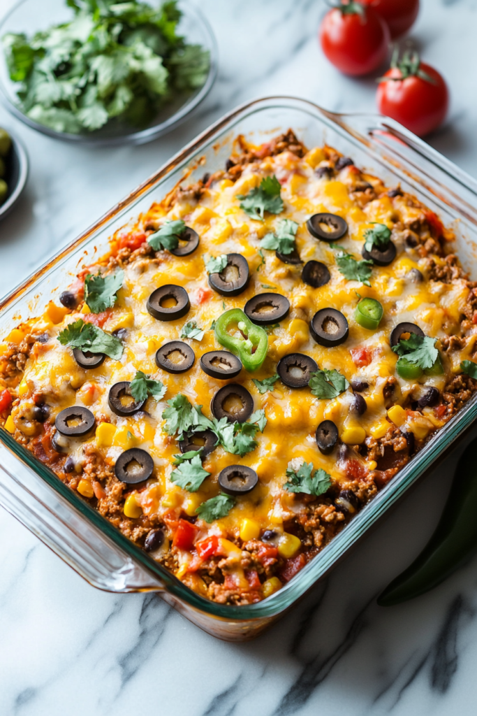 Baked beef and vegetable casserole with melted cheese and sliced jalapeรฑos