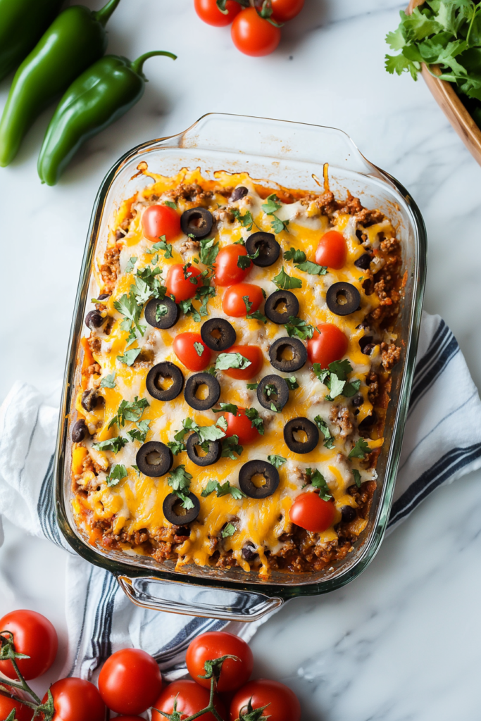 Cheesy ground beef bake topped with black beans, corn, and chopped cilantro