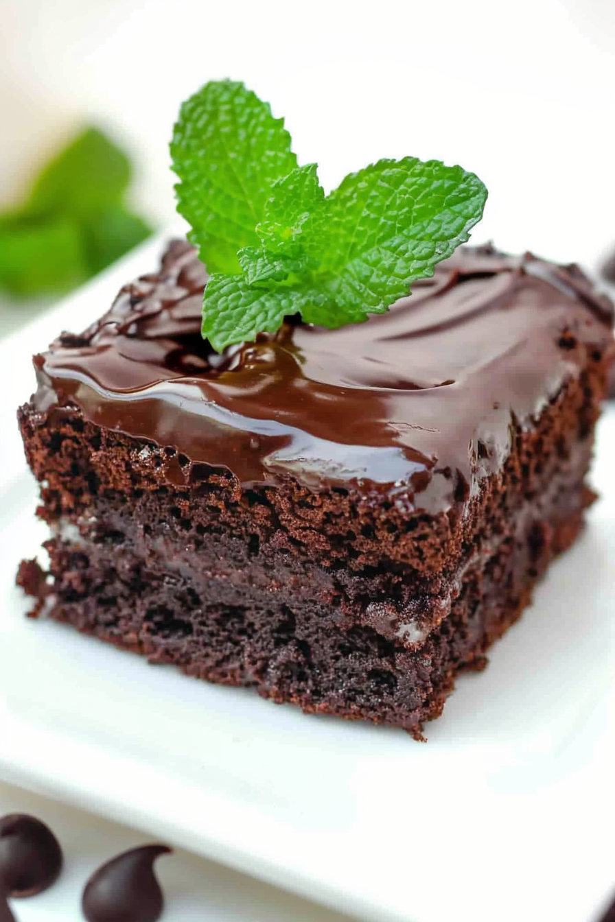Decadent cake slice served on a white plate with vibrant mint accent.