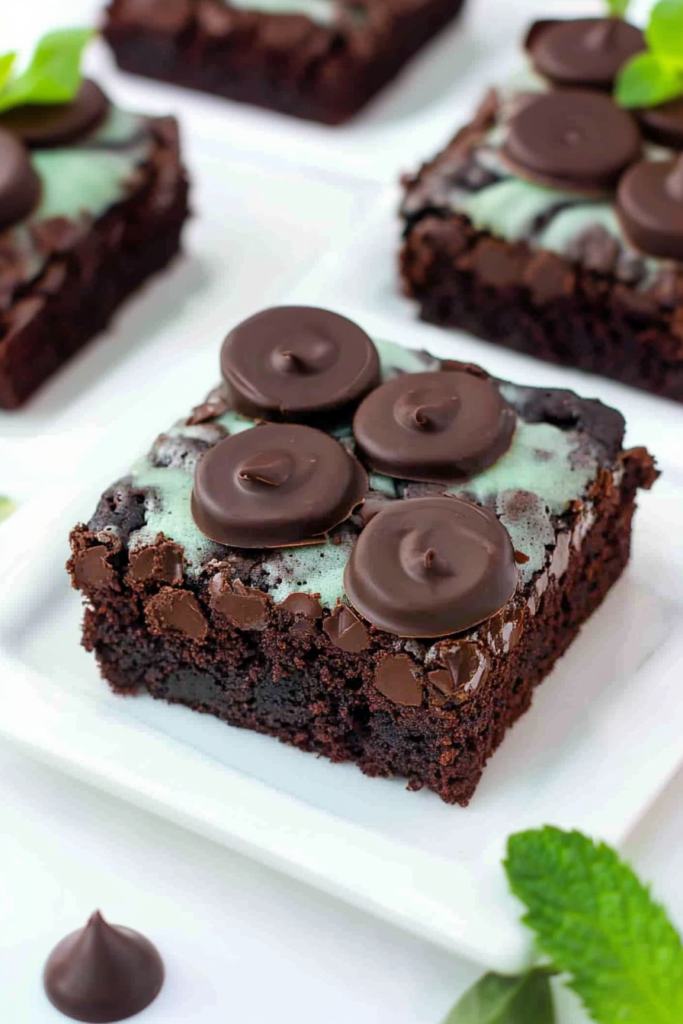 Homemade chocolate dessert with ganache layer, mint sprig, and scattered chocolate chips.