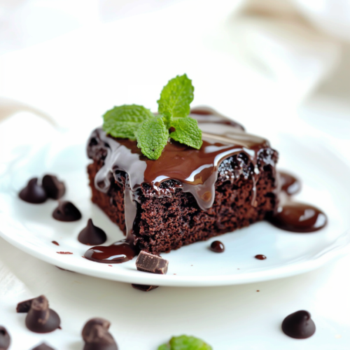 Rich chocolate cake slice topped with glossy ganache and a sprig of fresh mint.