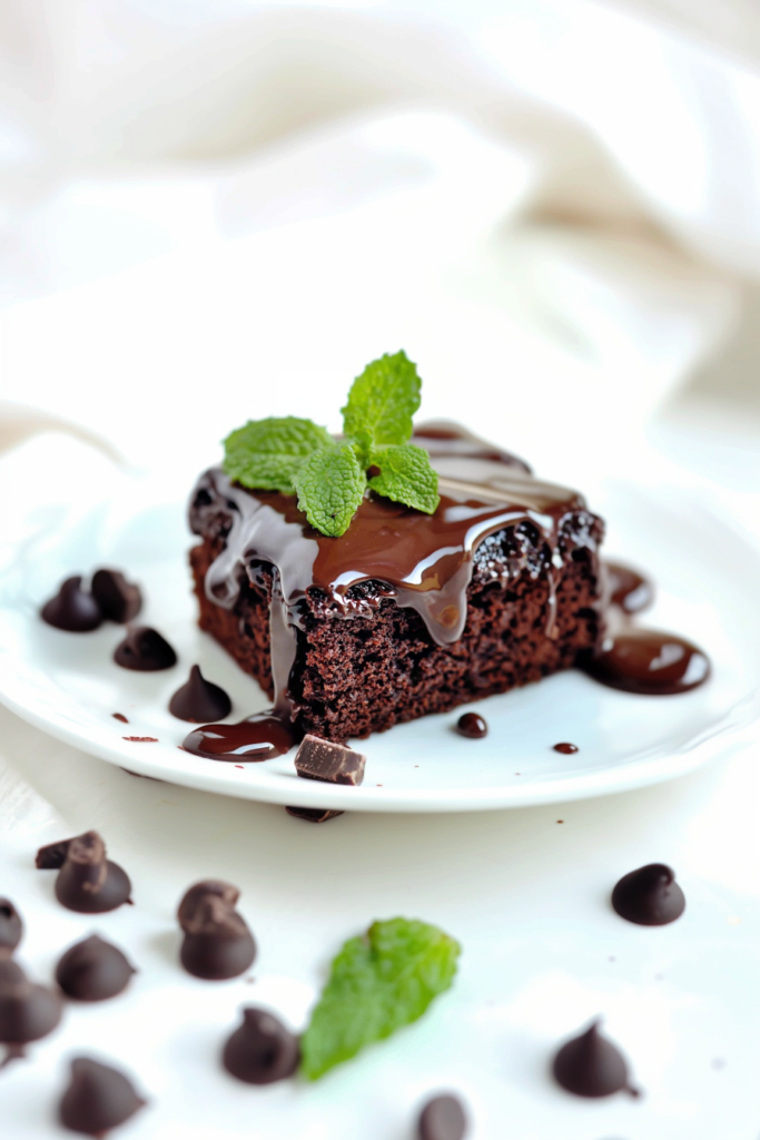 Rich chocolate cake slice topped with glossy ganache and a sprig of fresh mint.