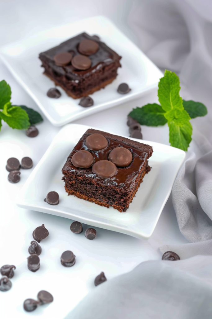 Final plated portion of mint chocolate poke cake highlighting its shiny topping and soft texture.