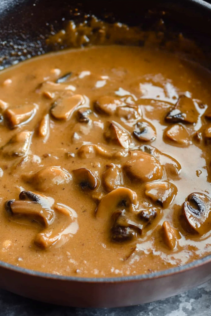 Pan of rich, glossy mushroom gravy with tender slices of mushrooms in a creamy brown sauce.