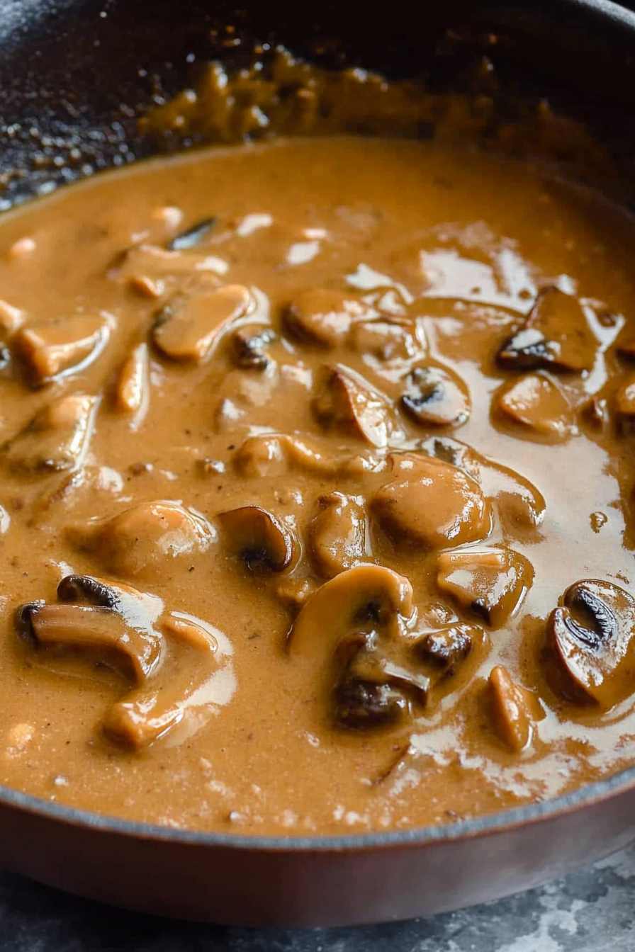 Pan of rich, glossy mushroom gravy with tender slices of mushrooms in a creamy brown sauce.