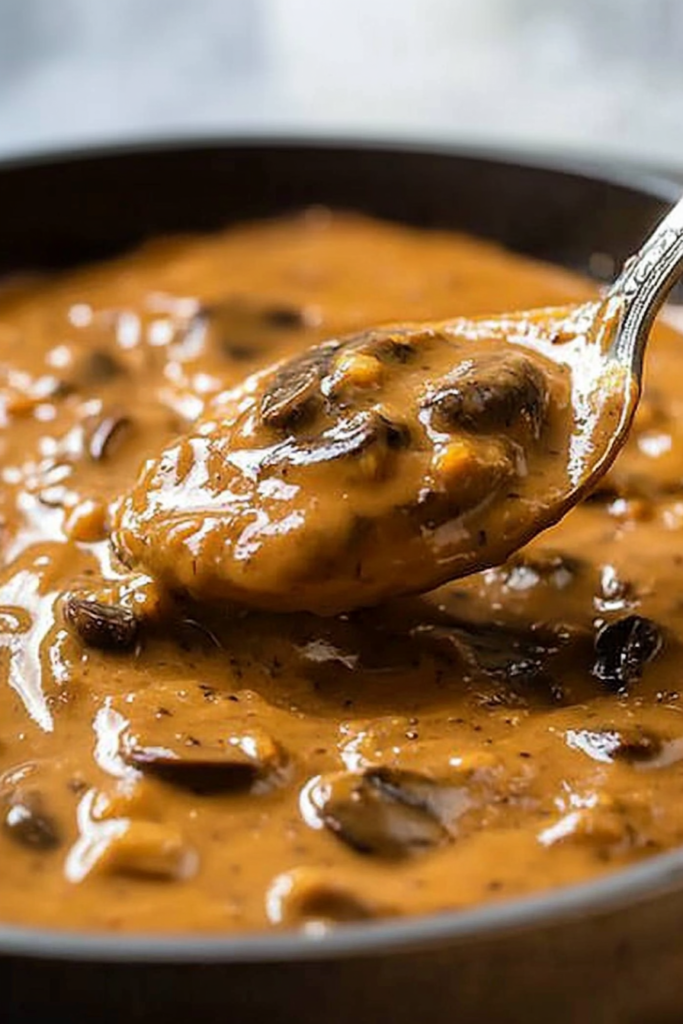 Golden-brown gravy with visible mushroom slices, glistening in a skillet.