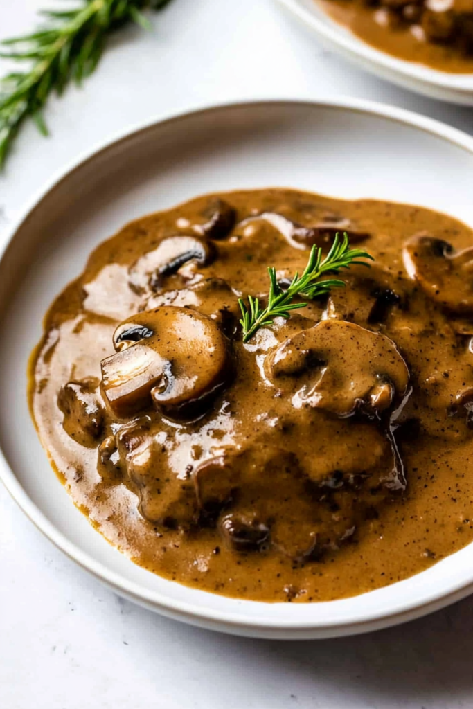 Hearty mushroom sauce with a velvety finish, perfect for serving over meats or potatoes.