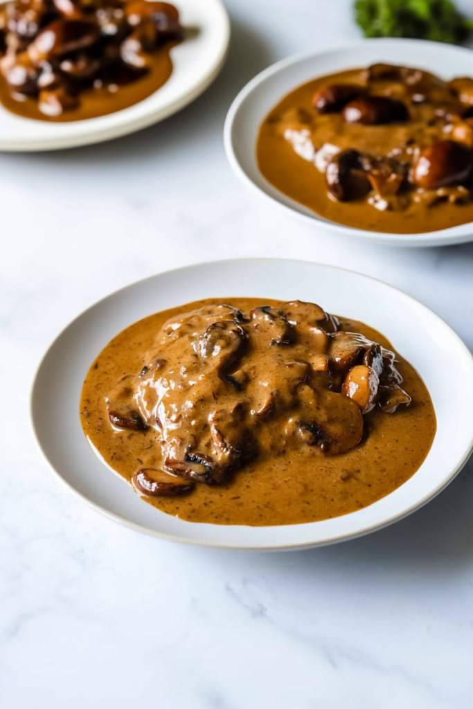 Plate of tender meat covered in rich mushroom gravy, with visible slices of mushrooms in the sauce.